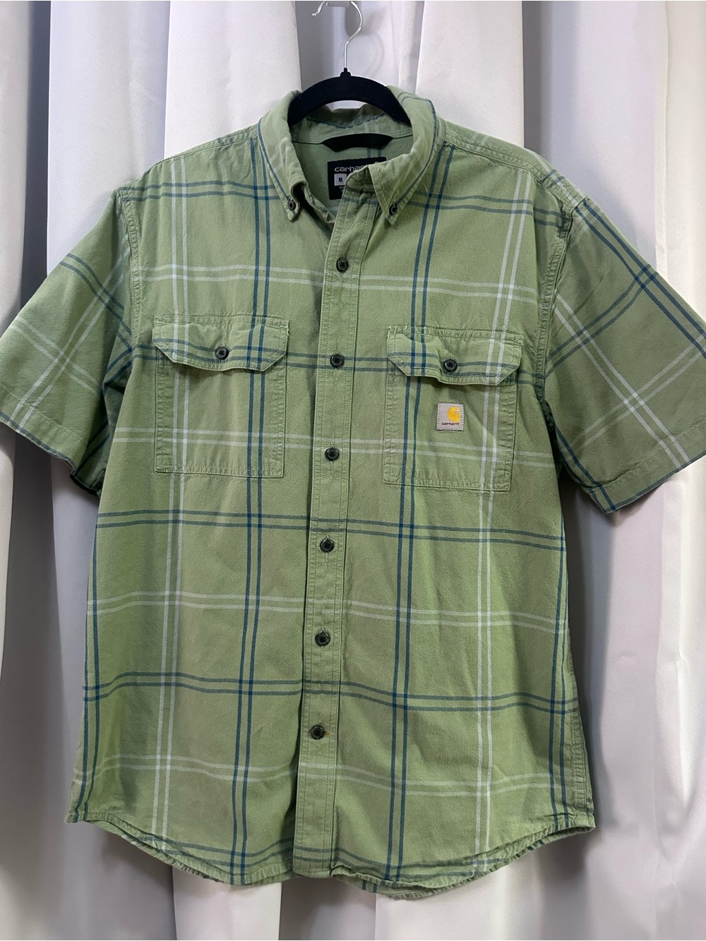 Carhartt Men’s Light Green Plaid Short-Sleeve Button-Down Work Shirt